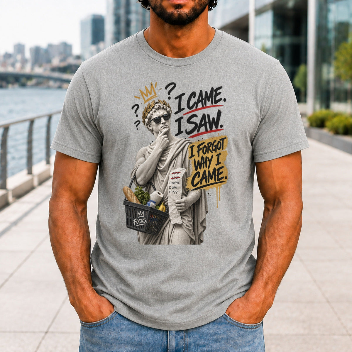 I Came, I Saw, I Forgot Why I Came graphic printed on the front of an athletic heather KRED Threads premium tee