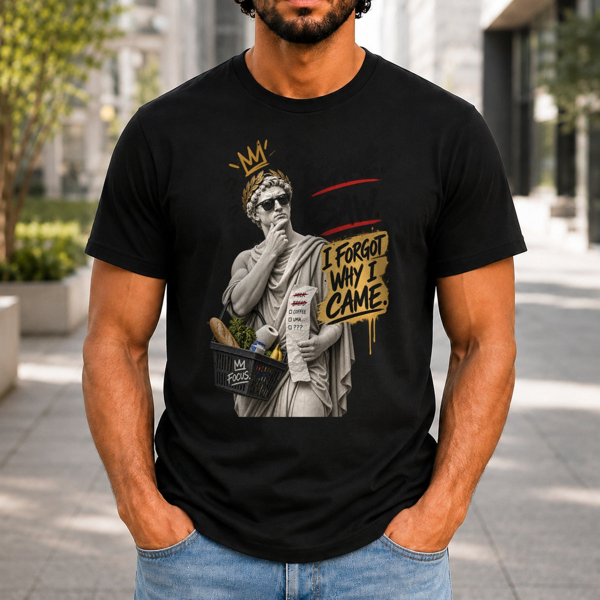 I Came, I Saw, I Forgot Why I Came graphic printed on the front of a black KRED Threads premium tee
