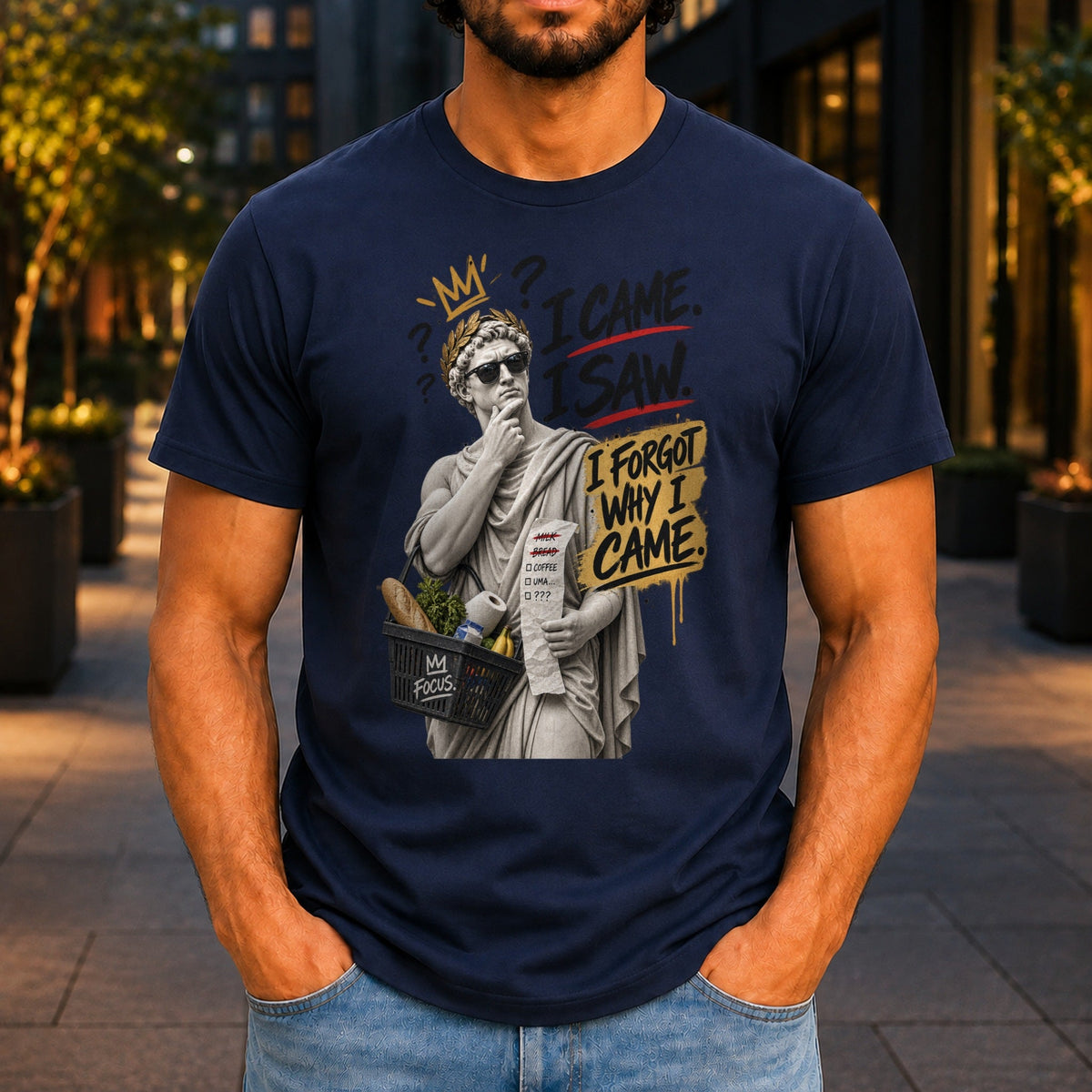 I Came, I Saw, I Forgot Why I Came graphic printed on the front of a navy KRED Threads premium tee
