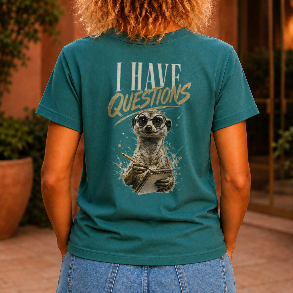 I Have Questions graphic printed on the back of a jade KRED Threads premium tee