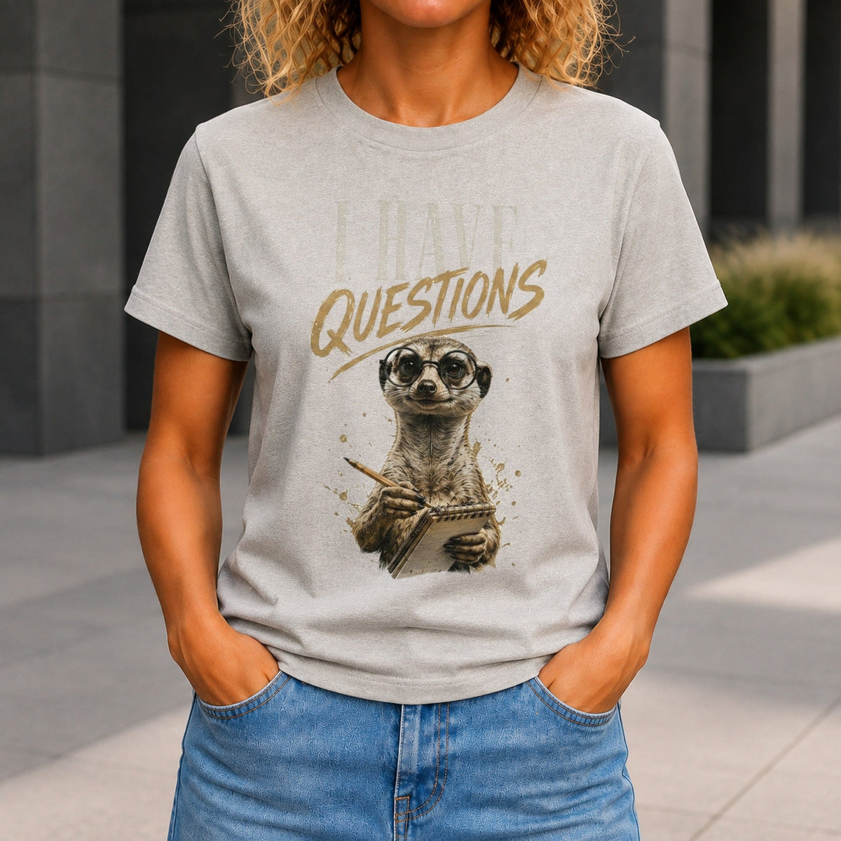 I Have Questions graphic printed on the front of a grey marble KRED Threads premium tee