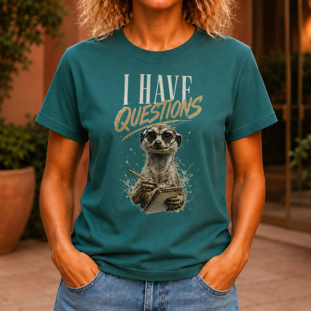 I Have Questions graphic printed on the front of a jade KRED Threads premium tee