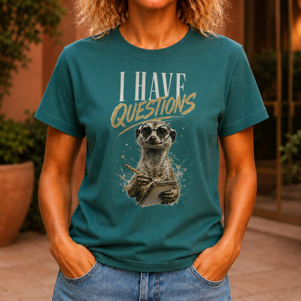 I Have Questions graphic printed on the front of a jade KRED Threads premium tee