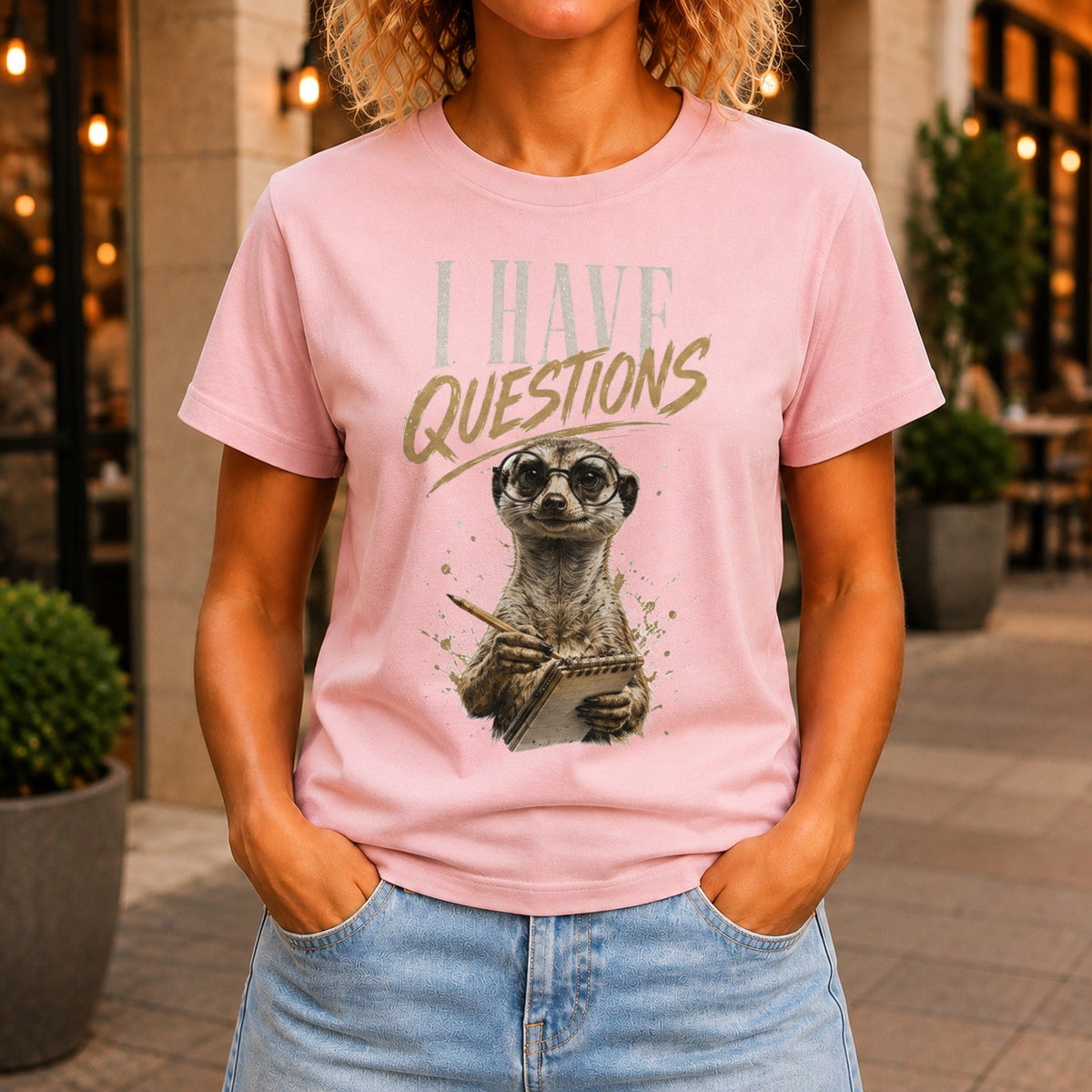 I Have Questions graphic printed on the front of a pink KRED Threads premium tee