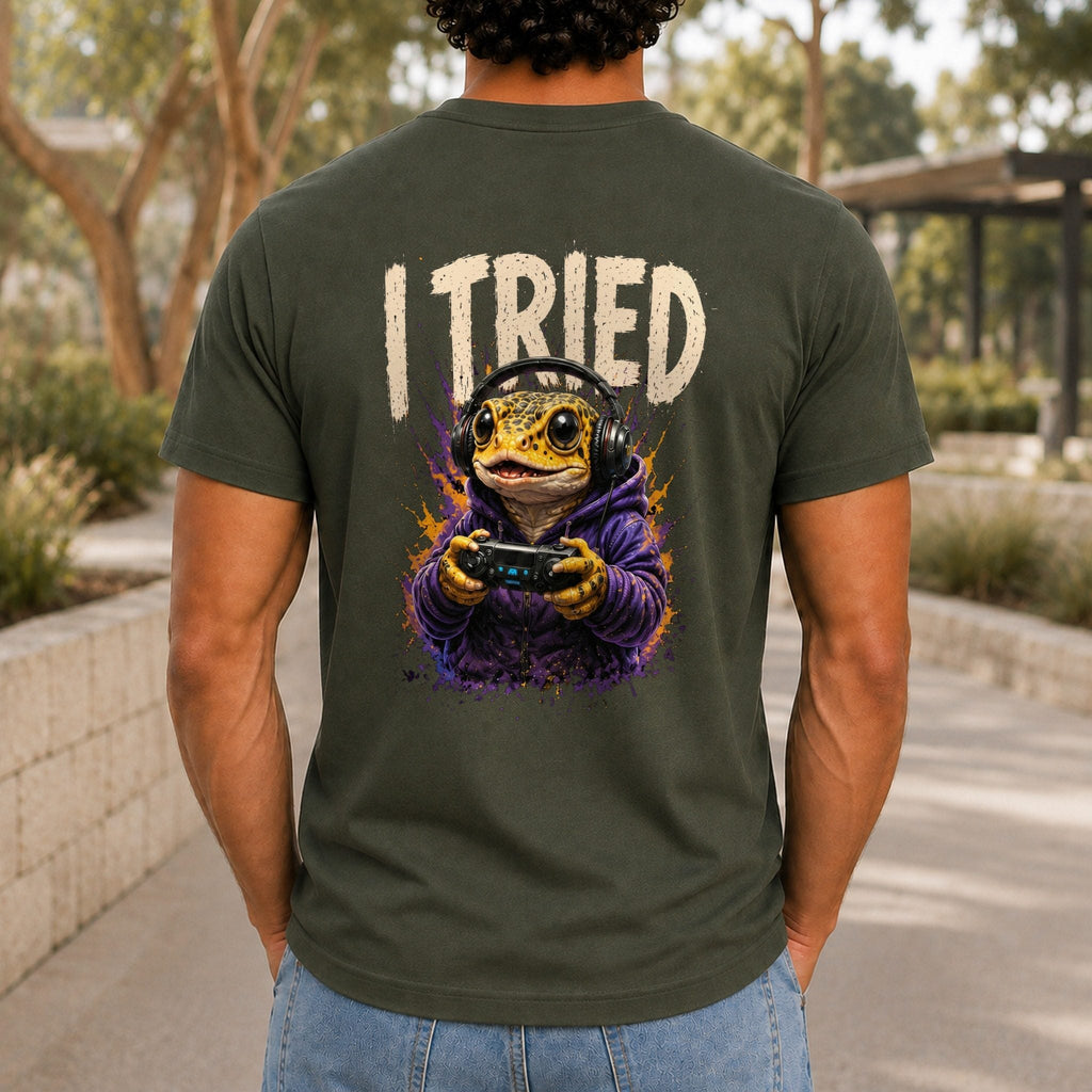 I Tried Men’s tee in Army, back view