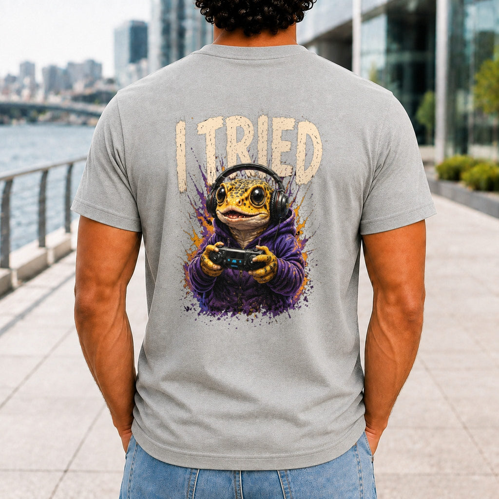 I Tried Men’s tee in Athletic Heather, back view
