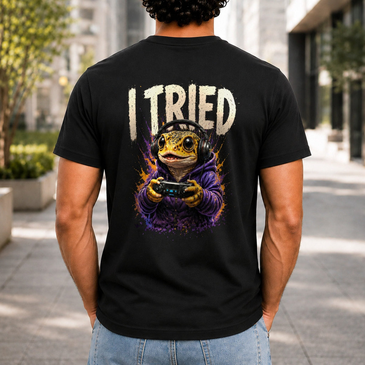 I Tried Men’s tee in Black, back view