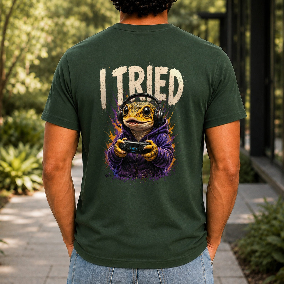 I Tried Men’s tee in Forest Green, back view