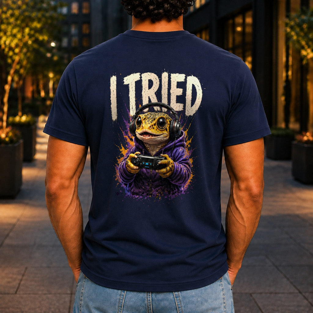 I Tried Men’s tee in Navy, back view