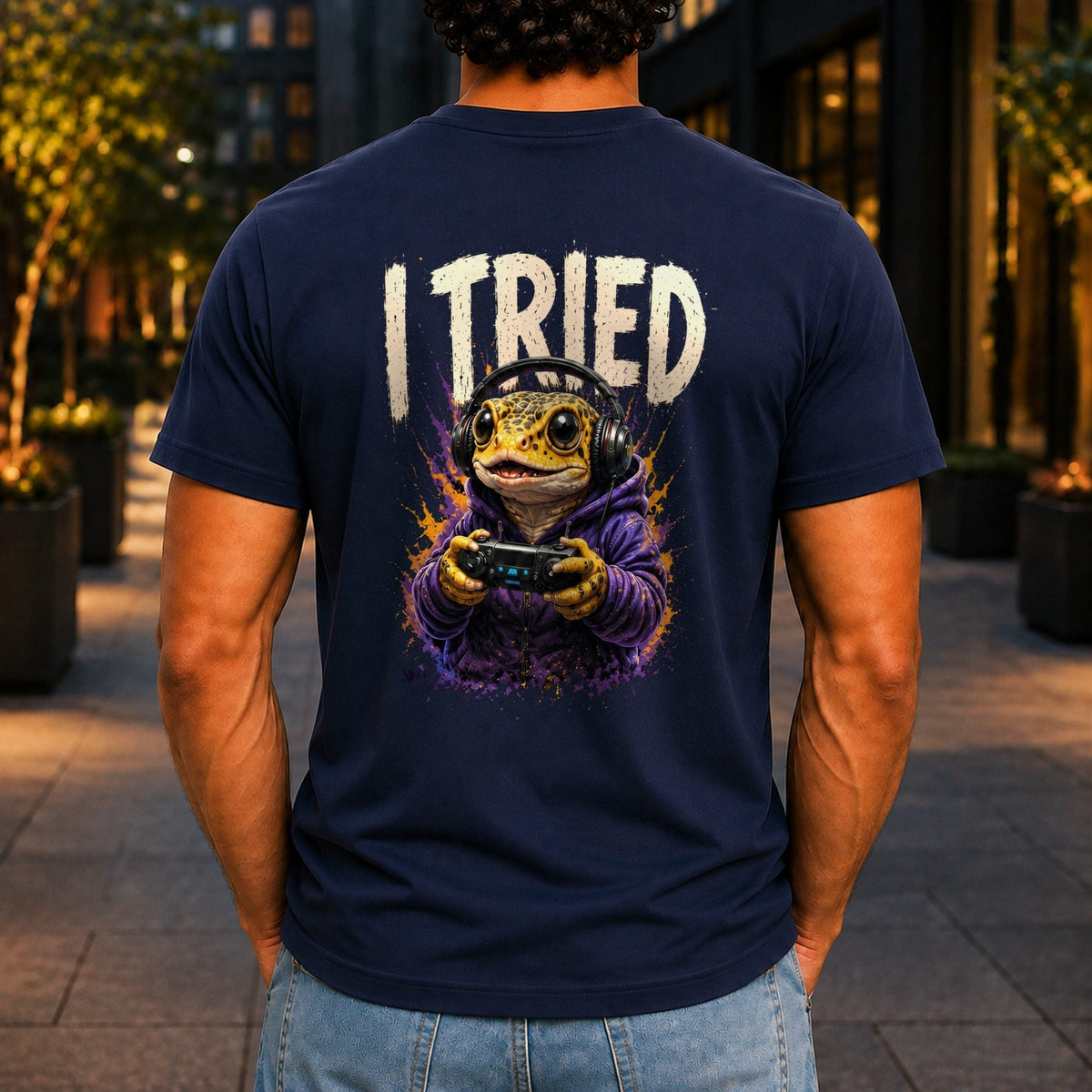 I Tried Men’s tee in Navy, back view