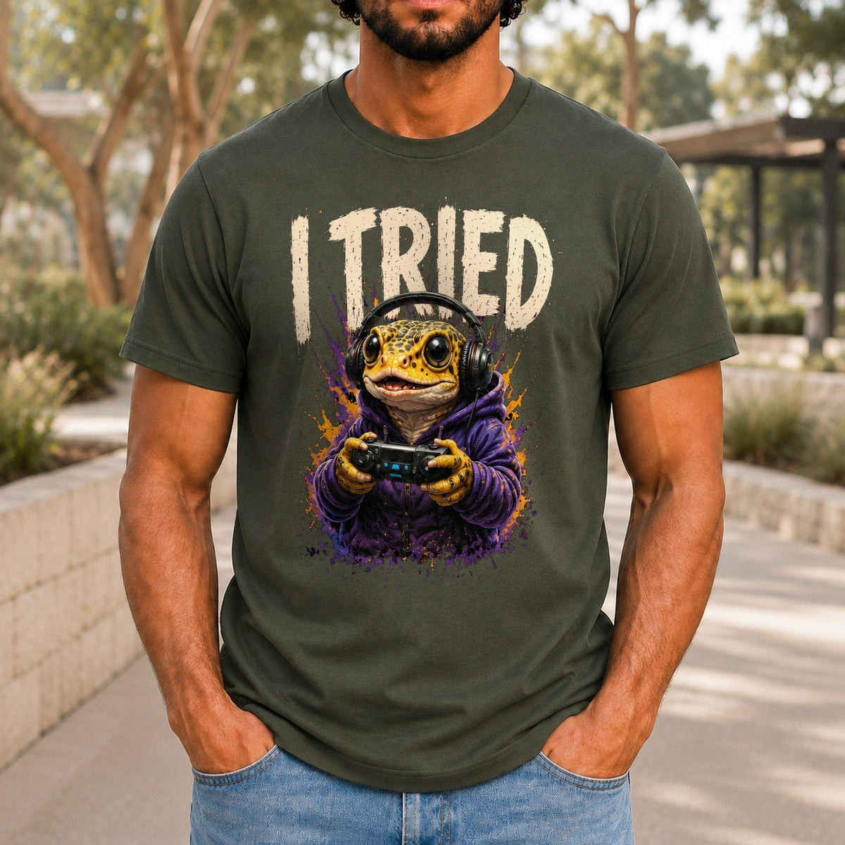 I Tried Men’s tee in Army, front view