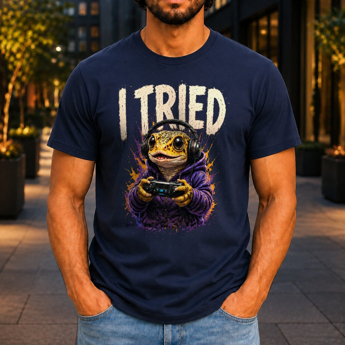 I Tried Men’s tee in Navy, front view