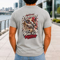Surely Not Everybody Was Kung Fu Fighting graphic printed on the back of an athletic heather KRED Threads premium tee