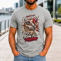 Surely Not Everybody Was Kung Fu Fighting graphic printed on the front of an athletic heather KRED Threads premium tee