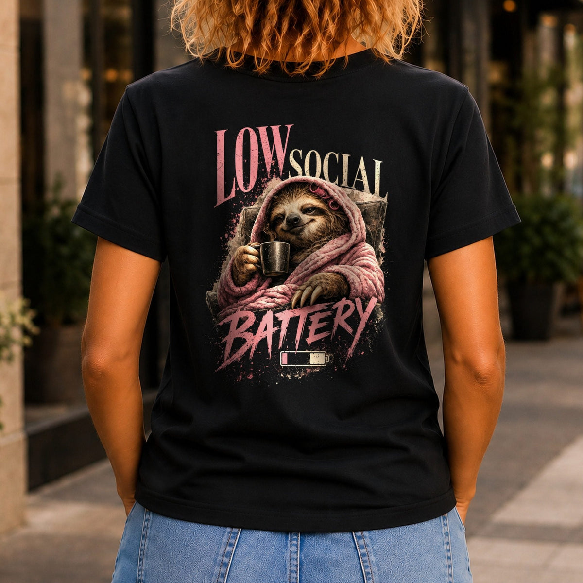 Low Social Battery Women’s tee in Black, back view