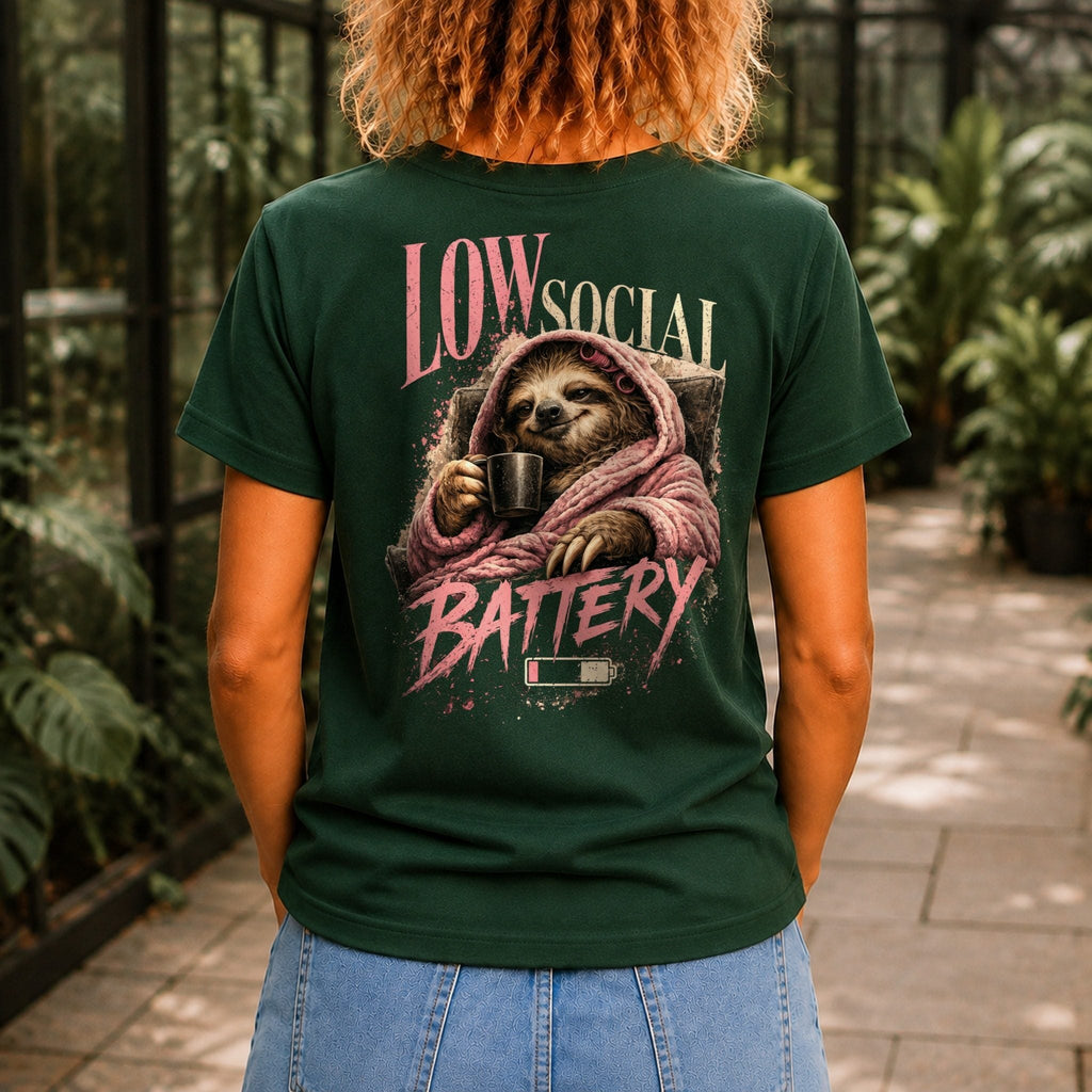 Low Social Battery Women’s tee in Forest Green, back view