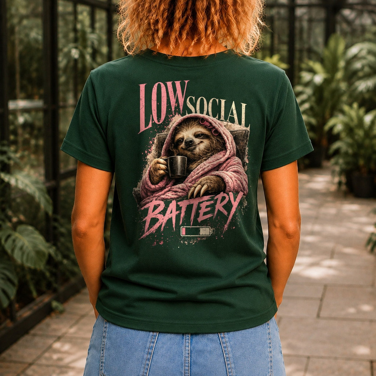Low Social Battery Women’s tee in Forest Green, back view