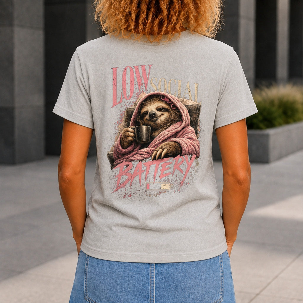 Low Social Battery Women’s tee in Grey Marble, back view