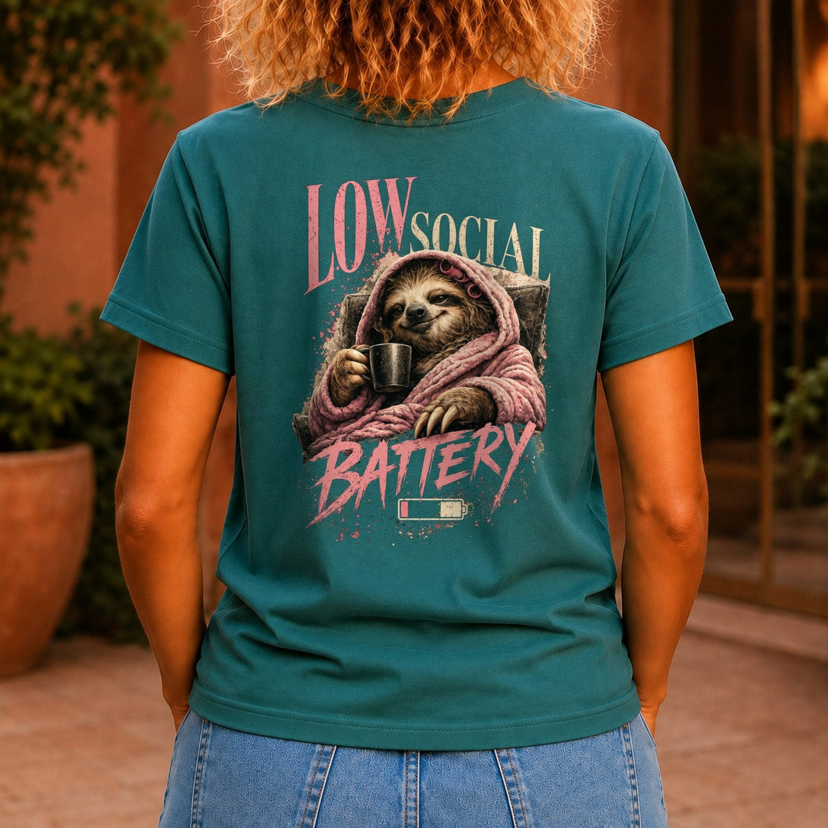 Low Social Battery Women’s tee in Jade, back view