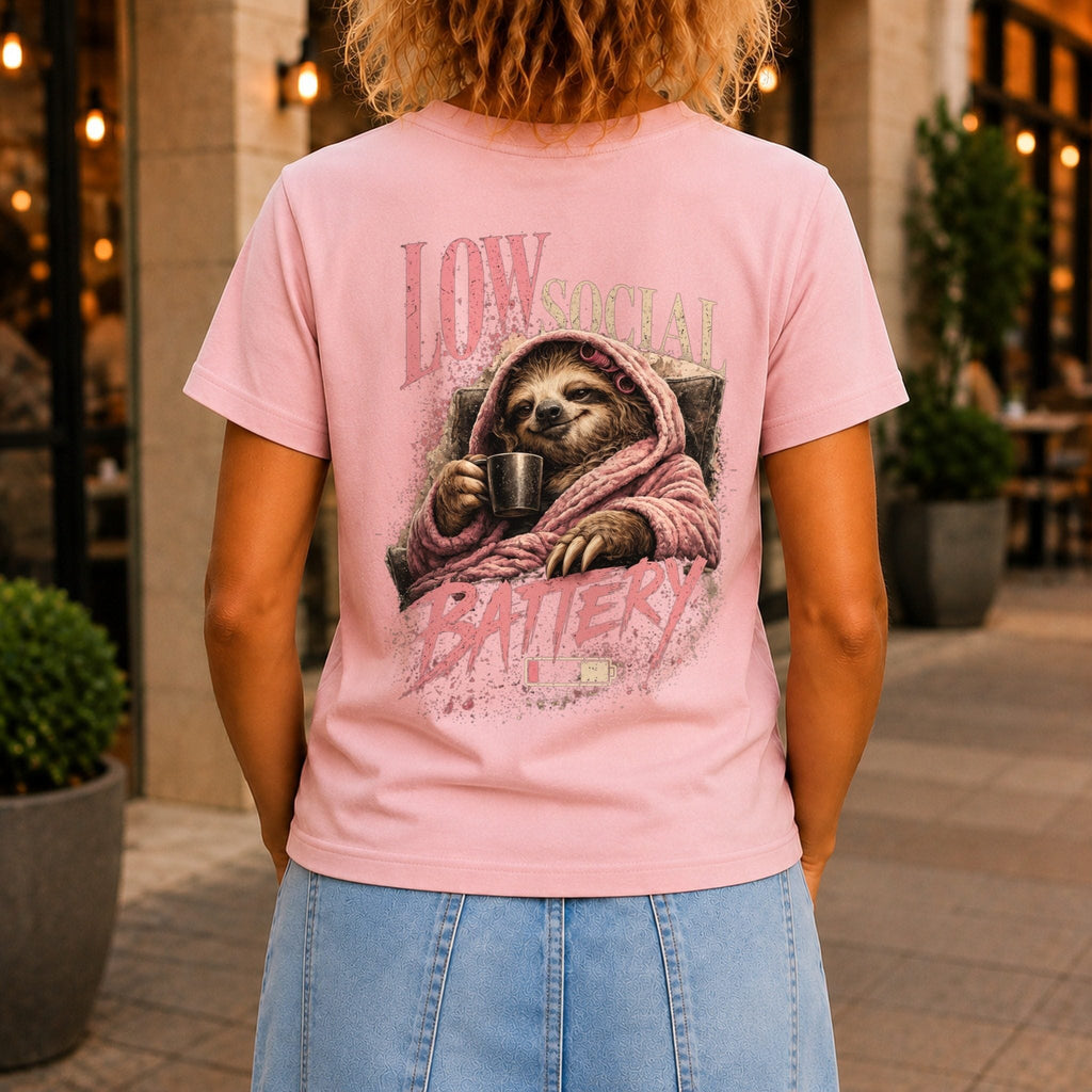 Low Social Battery Women’s tee in Pink, back view