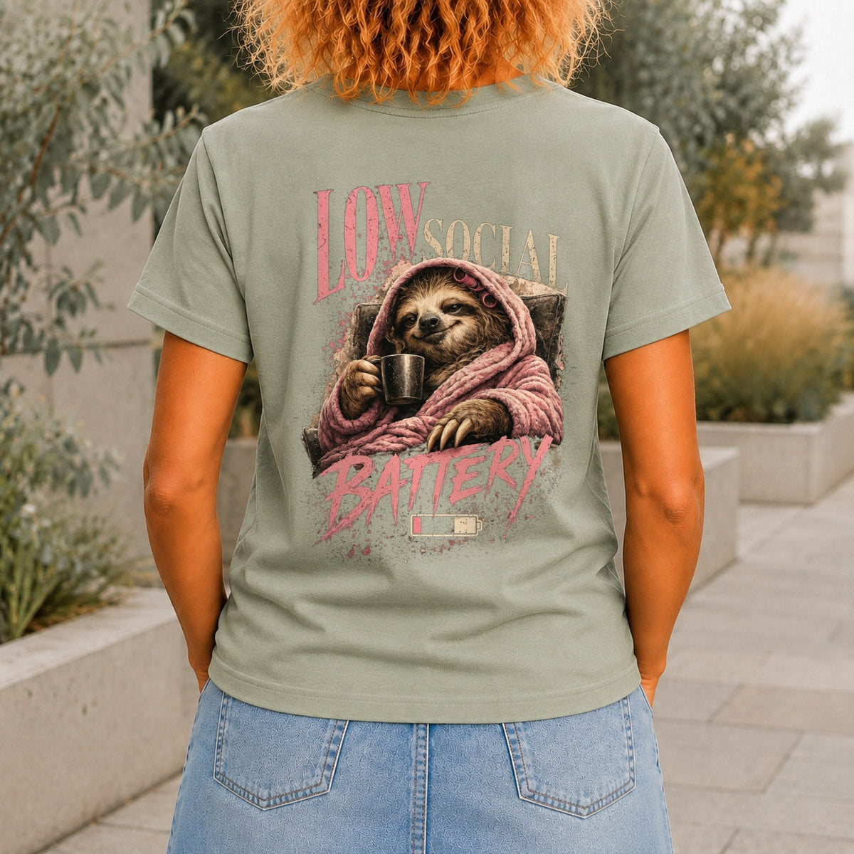 Low Social Battery Women’s tee in Sage, back view