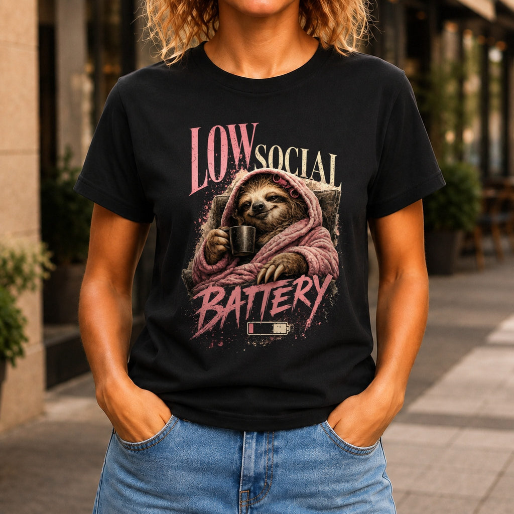 Low Social Battery Women’s tee in Black, front view
