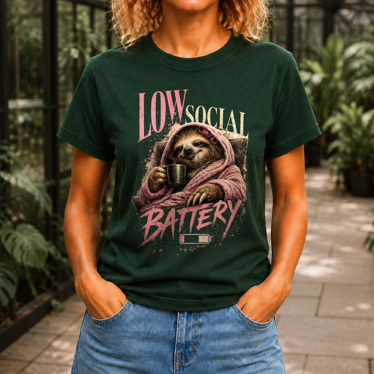 Low Social Battery Women’s tee in Forest Green, front view