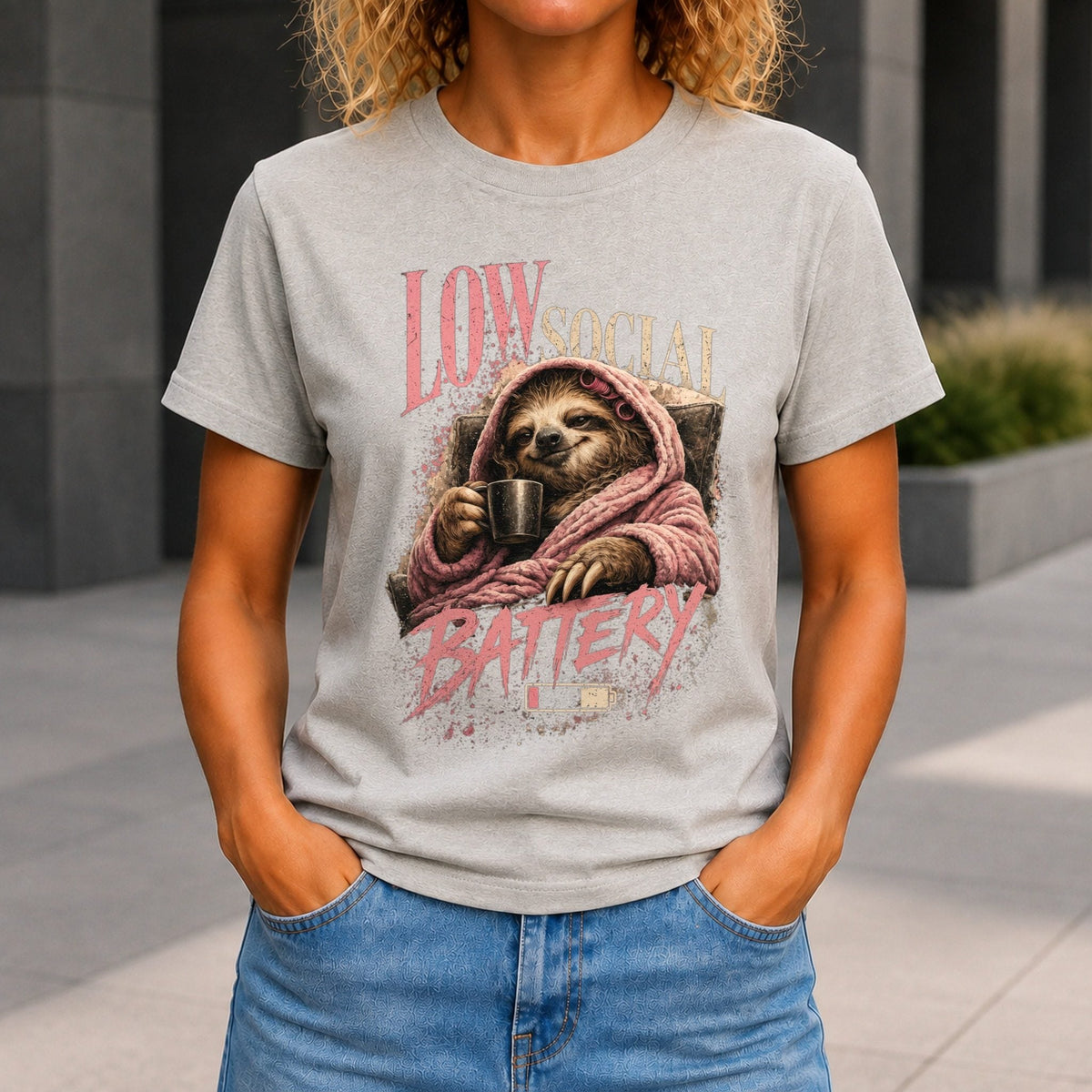 Low Social Battery Women’s tee in Grey Marble, front view