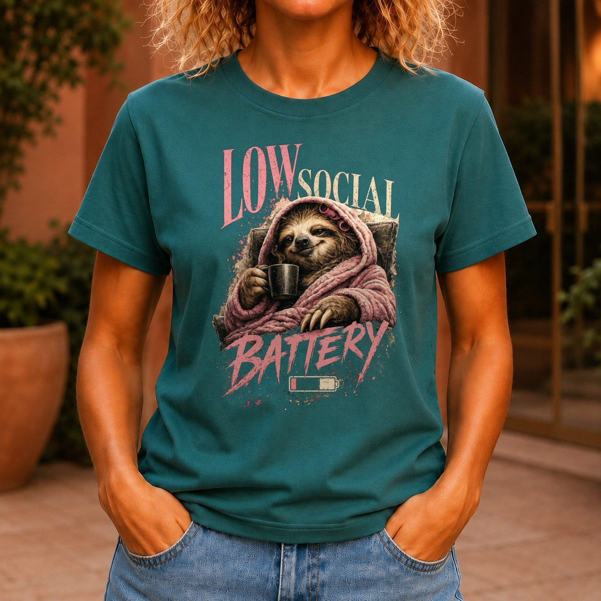 Low Social Battery Women’s tee in Jade, front view