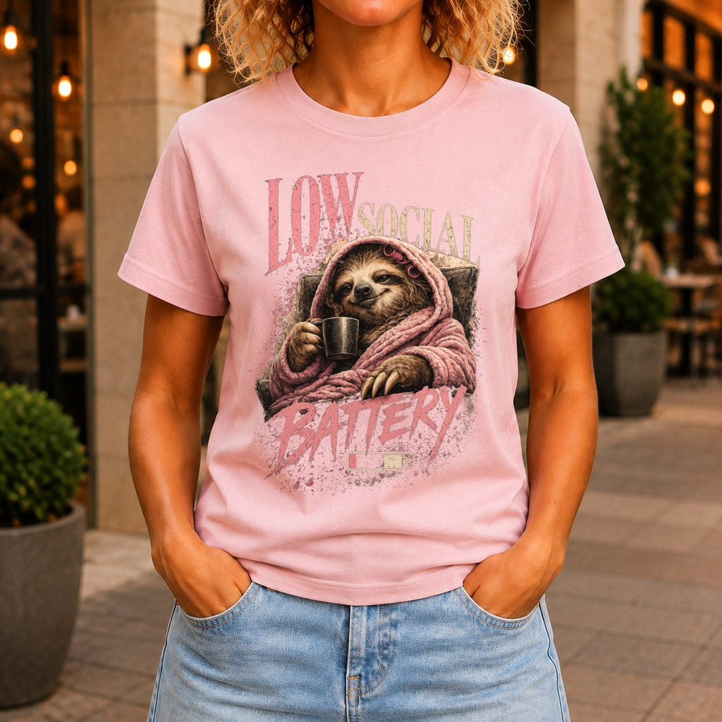 Low Social Battery Women’s tee in Pink, front view