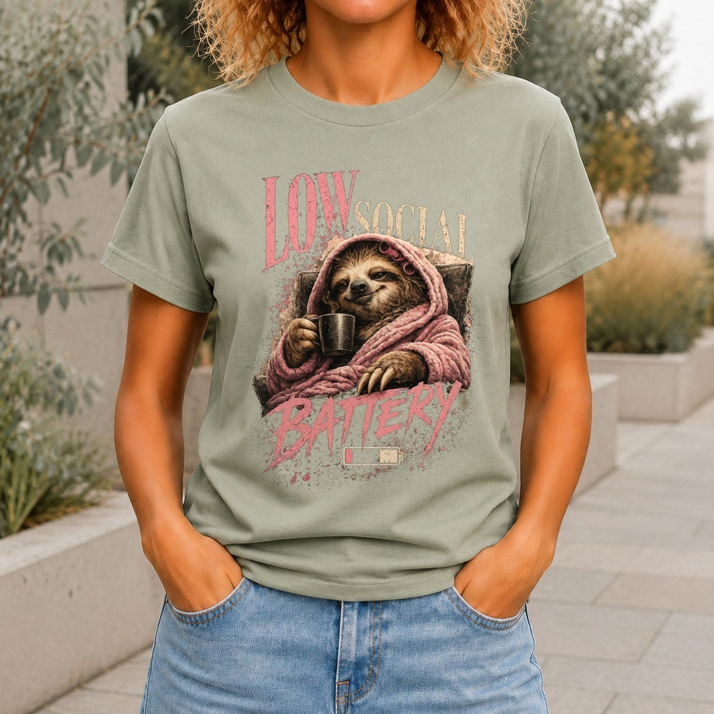 Low Social Battery Women’s tee in Sage, front view