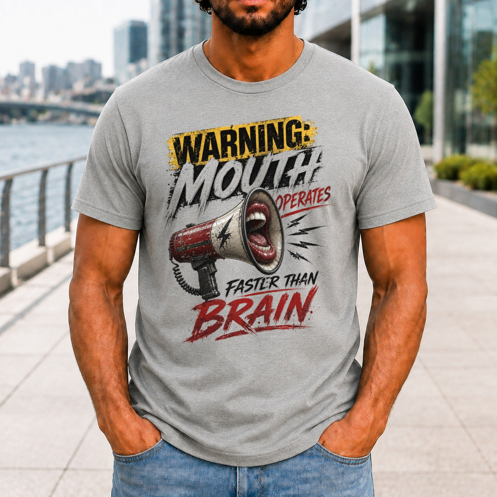 Mouth Operates Faster Than Brain graphic printed on the front of an athletic heather KRED Threads premium tee