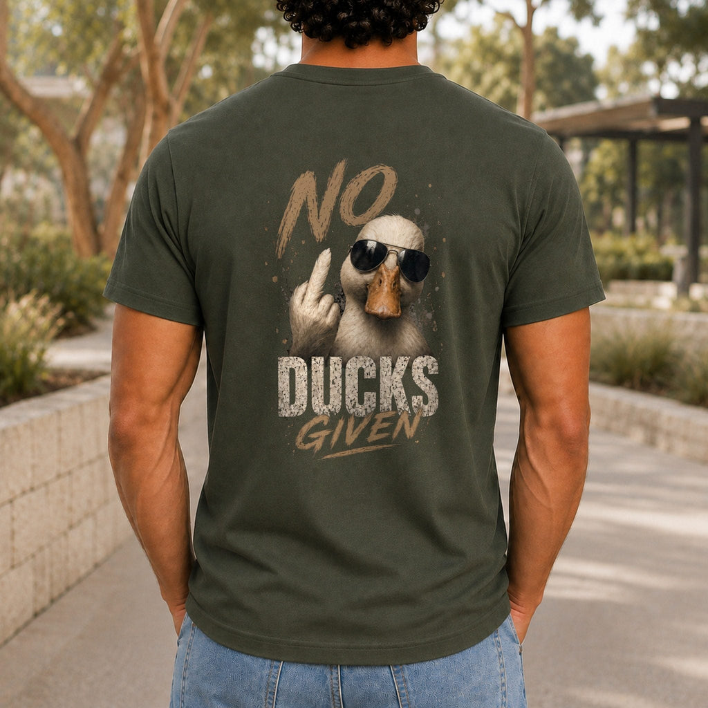 No Ducks Given Men’s tee in Army, back view