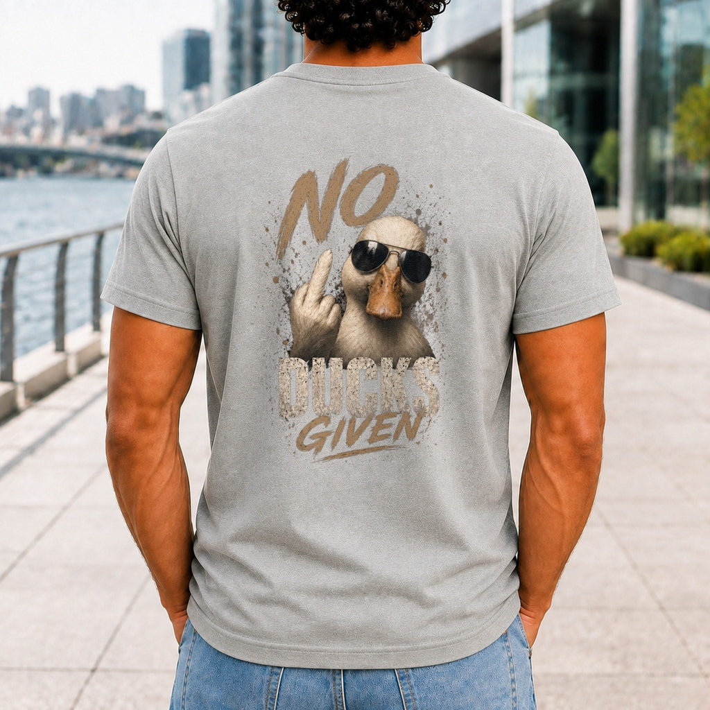 No Ducks Given Men’s tee in Athletic Heather, back view