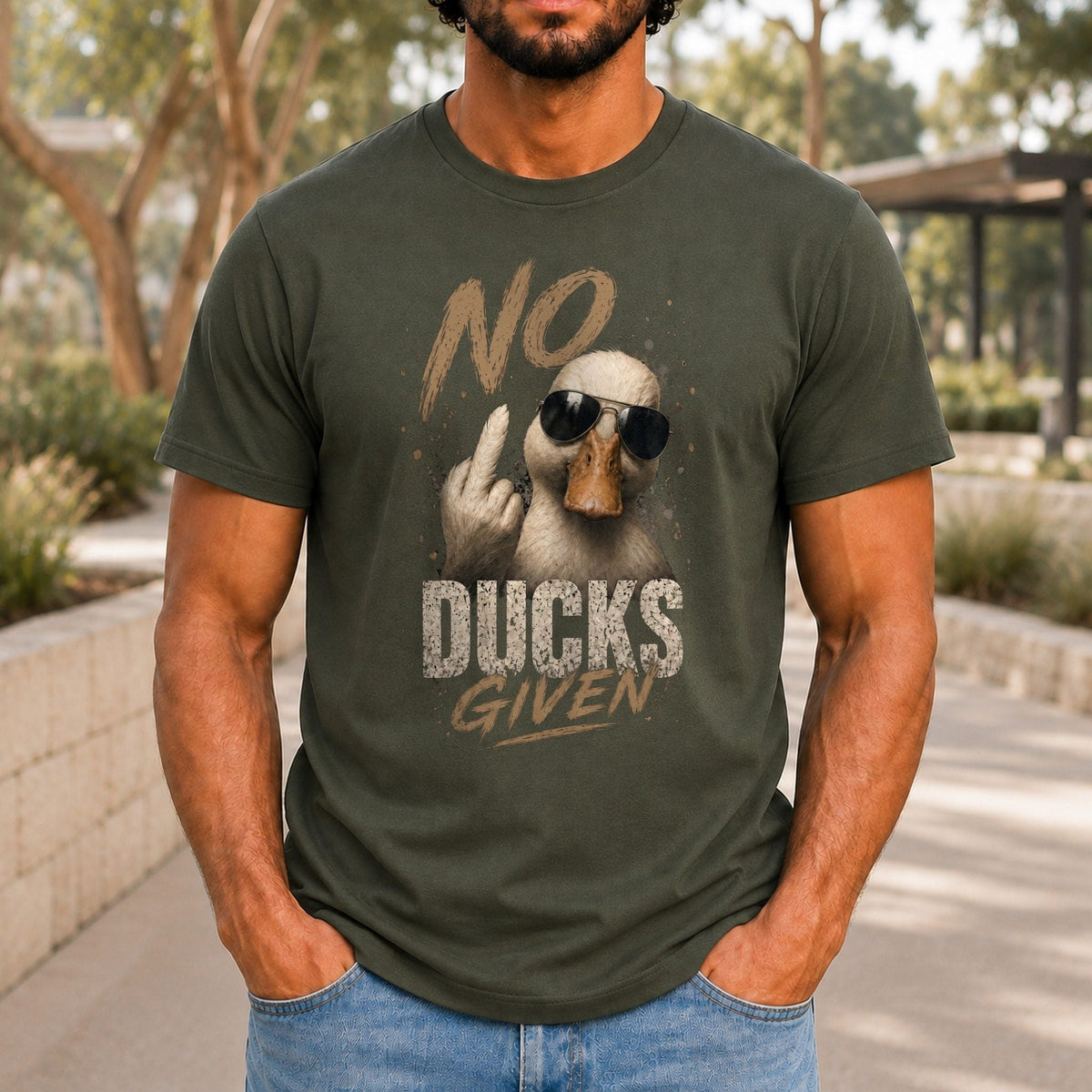 No Ducks Given Men’s tee in Army, front view