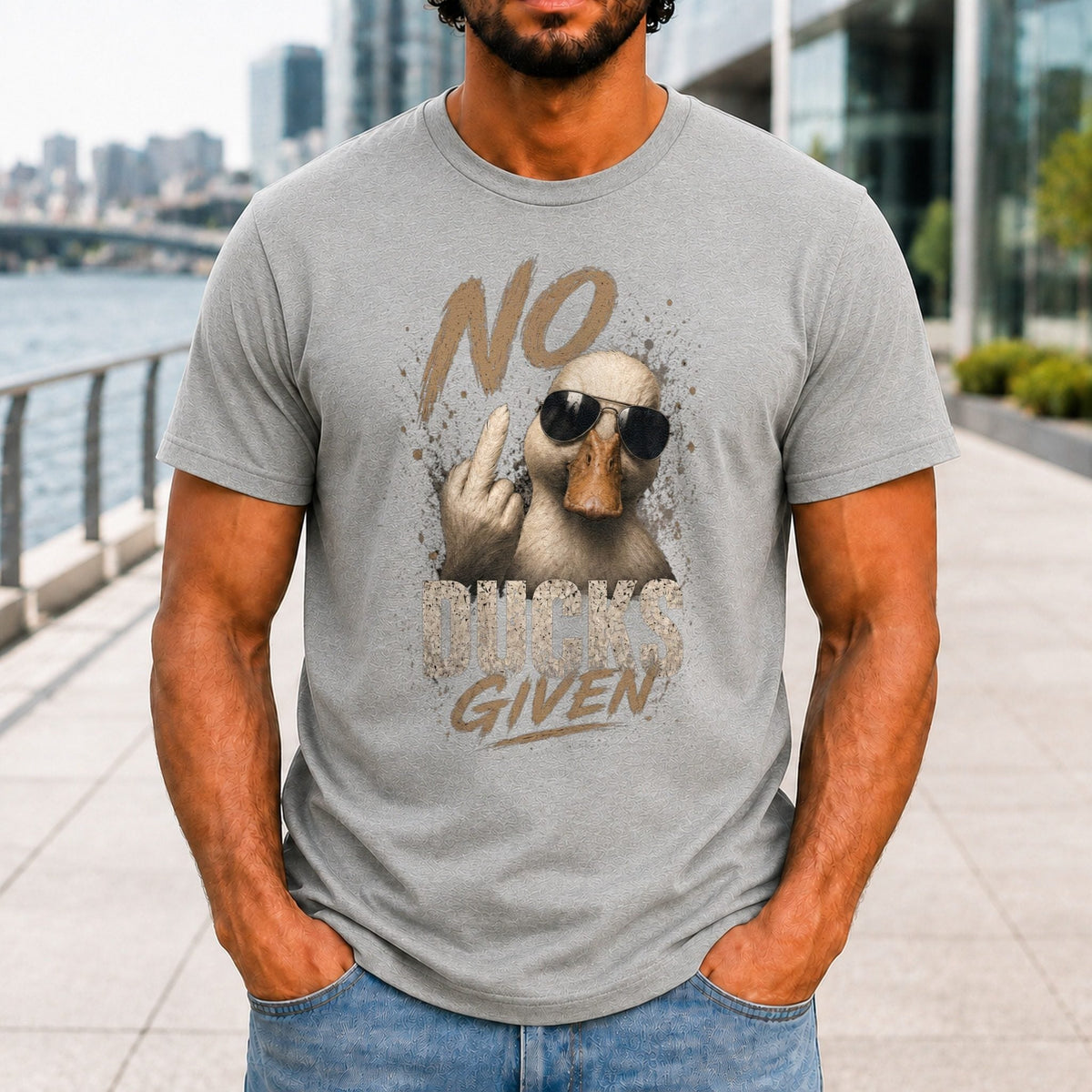 No Ducks Given Men’s tee in Athletic Heather, front view