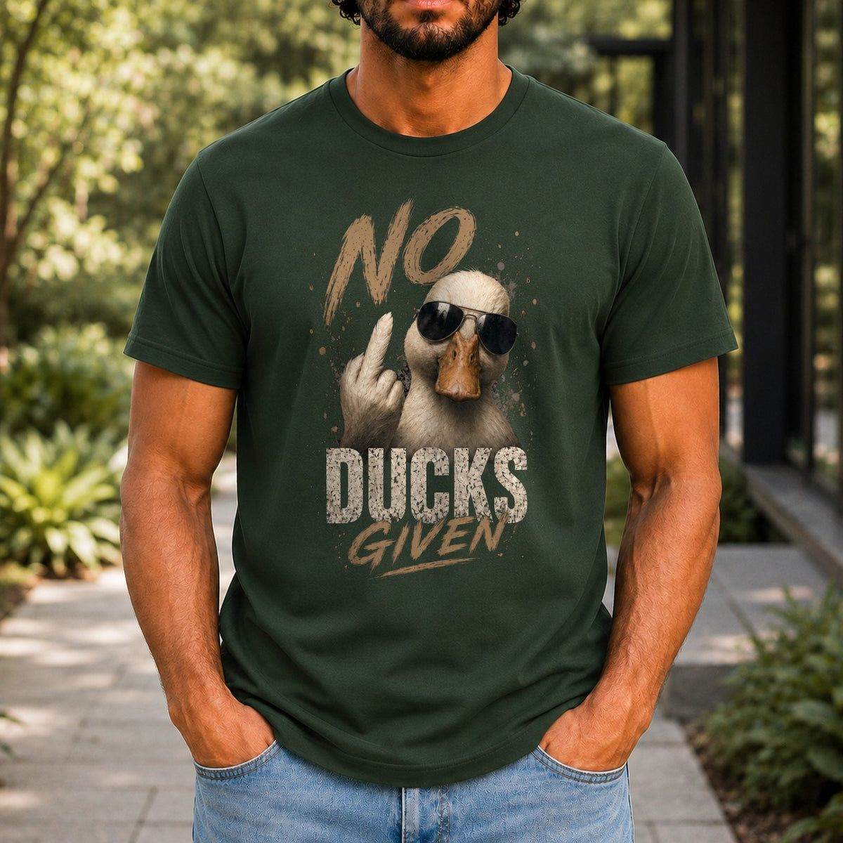 No Ducks Given Men’s tee in Forest Green, front view