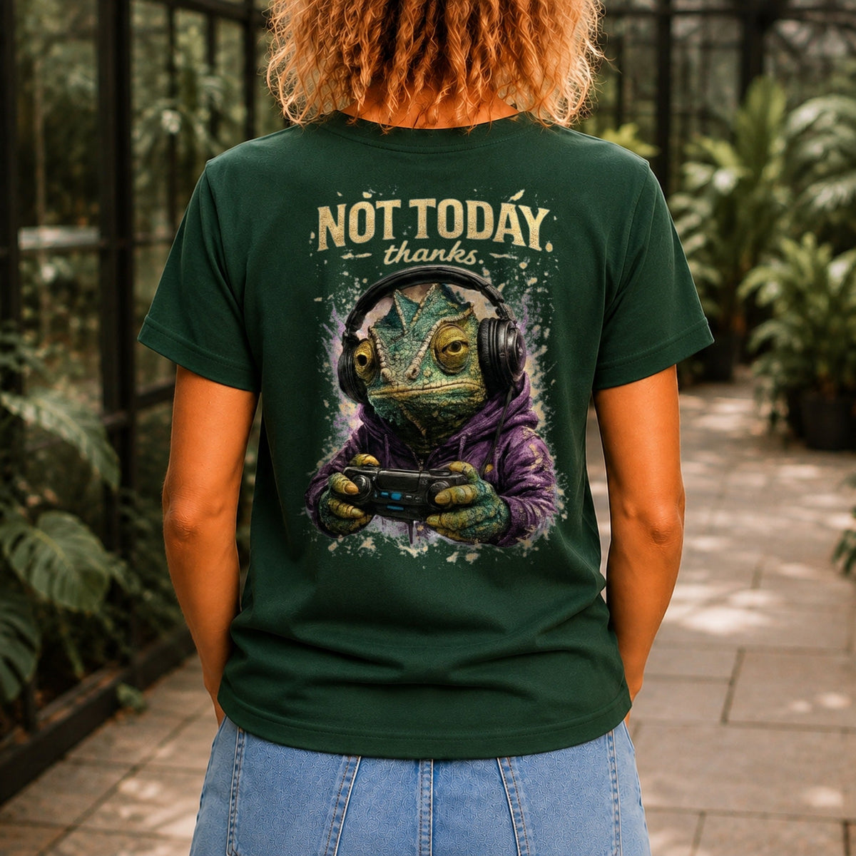 Not Today, Thanks graphic printed on the back of a forest green KRED Threads premium tee