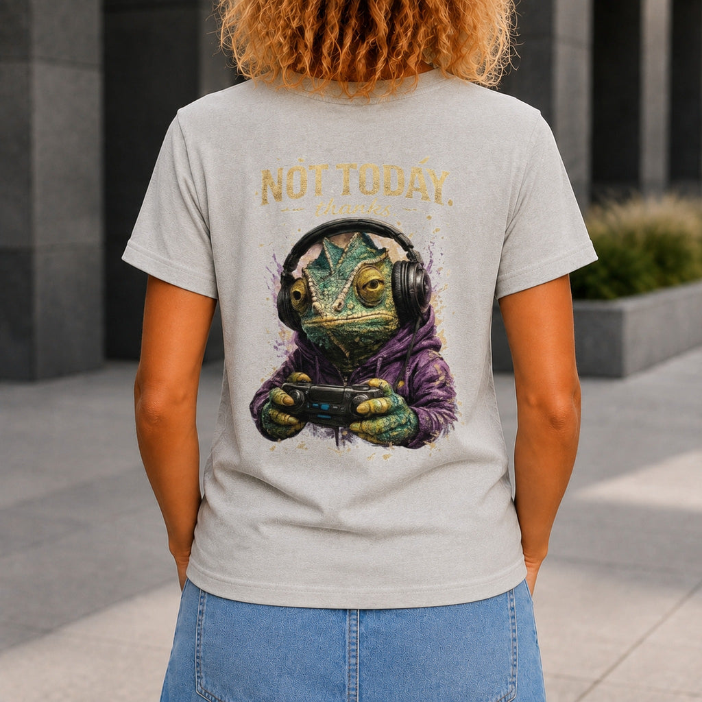 Not Today, Thanks graphic printed on the back of a grey marble KRED Threads premium tee