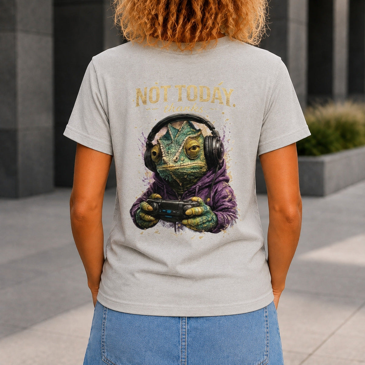 Not Today, Thanks graphic printed on the back of a grey marble KRED Threads premium tee