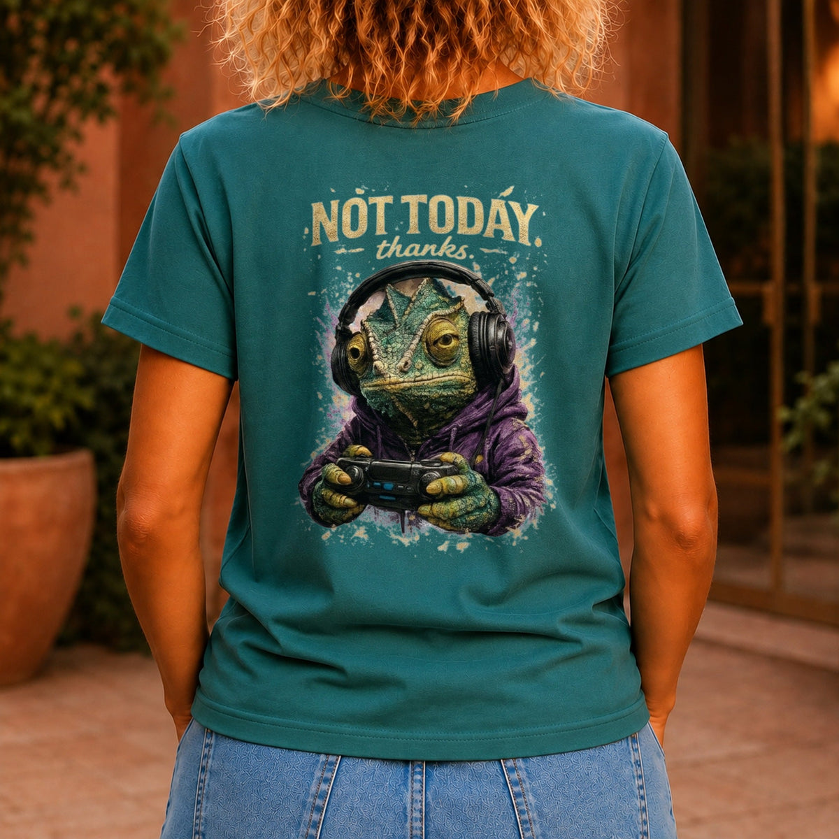Not Today, Thanks graphic printed on the back of a jade KRED Threads premium tee