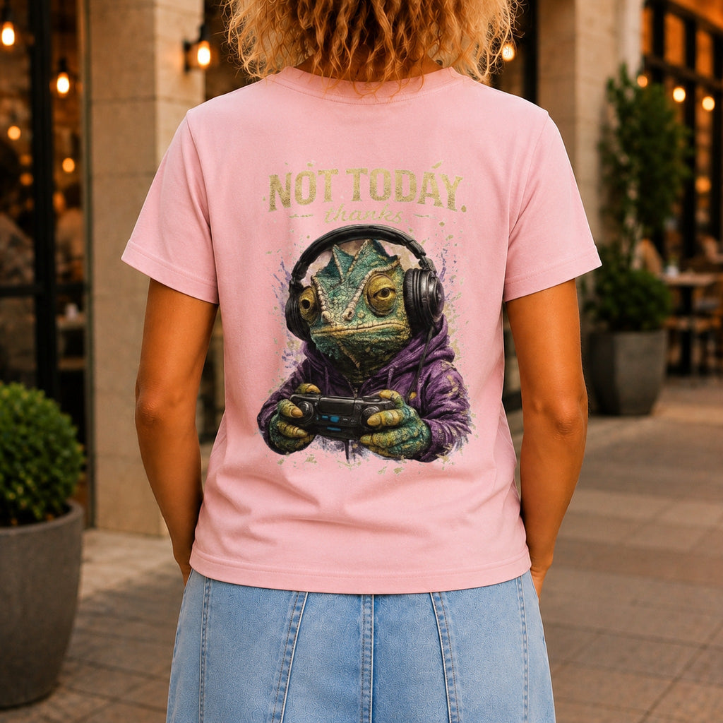 Not Today, Thanks graphic printed on the back of a pink KRED Threads premium tee