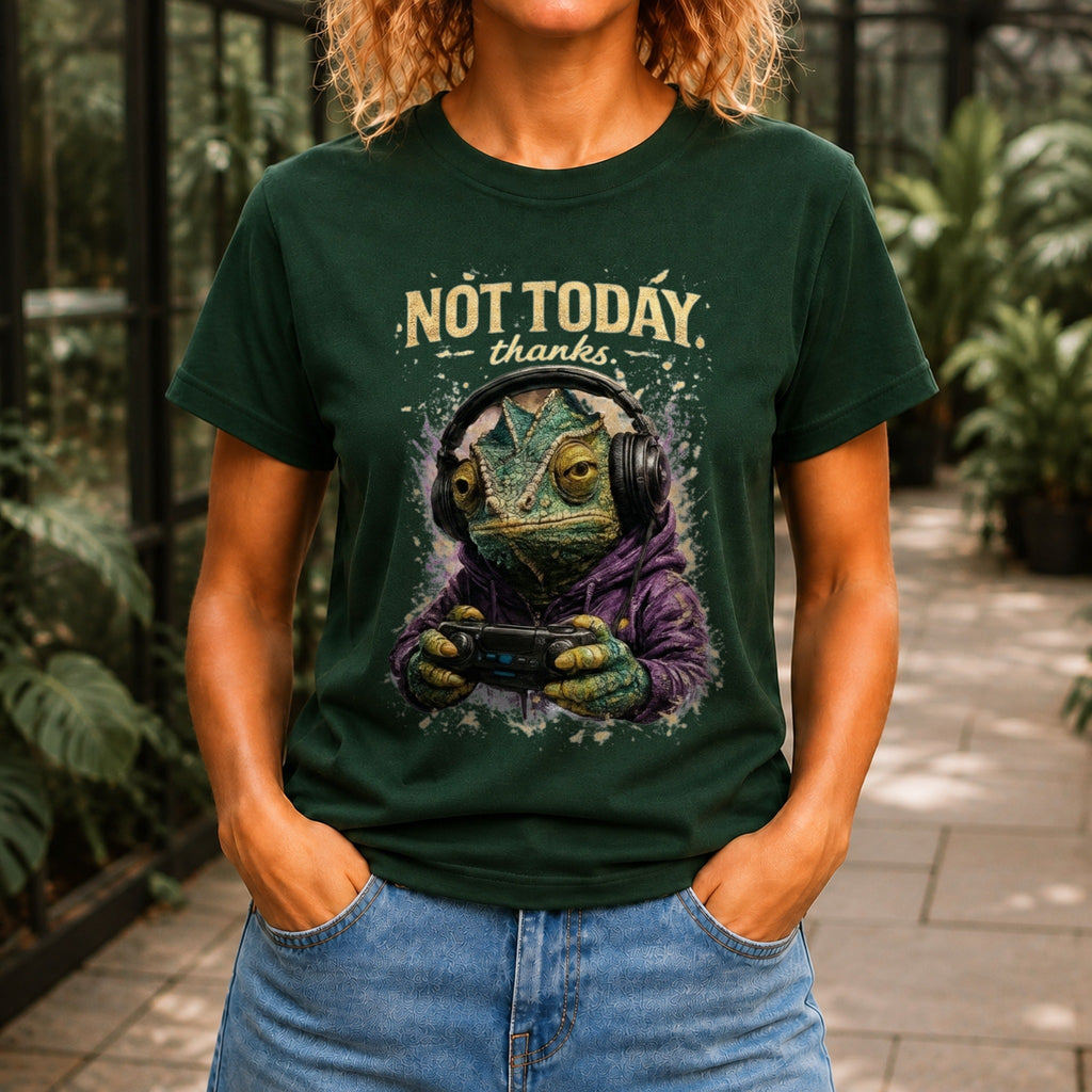 Not Today, Thanks graphic printed on the front of a forest green KRED Threads premium tee