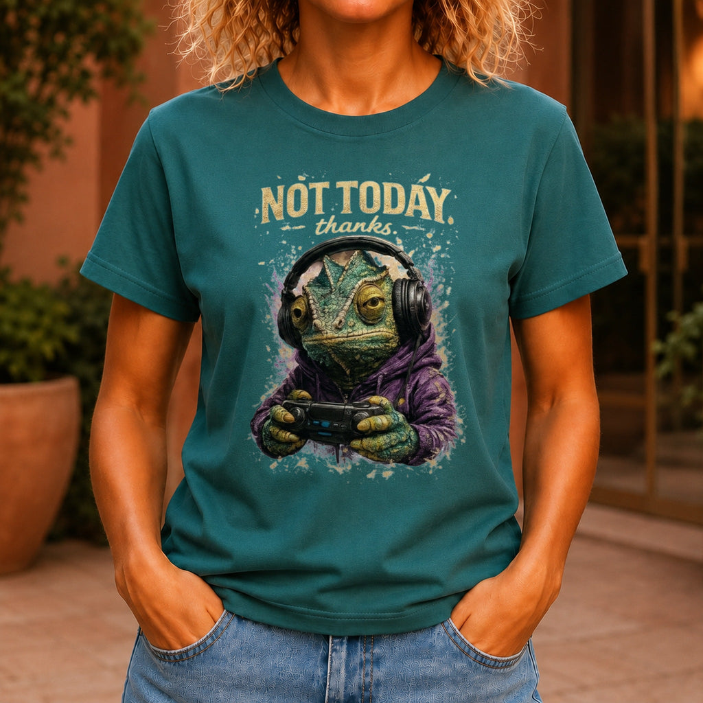 Not Today, Thanks graphic printed on the front of a jade KRED Threads premium tee