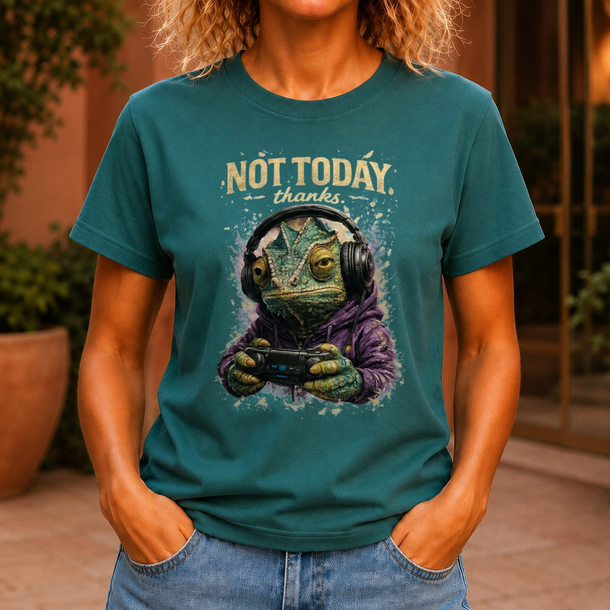 Not Today, Thanks graphic printed on the front of a jade KRED Threads premium tee