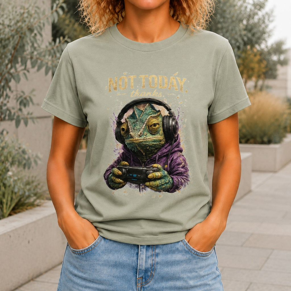 Not Today, Thanks graphic printed on the front of a sage KRED Threads premium tee
