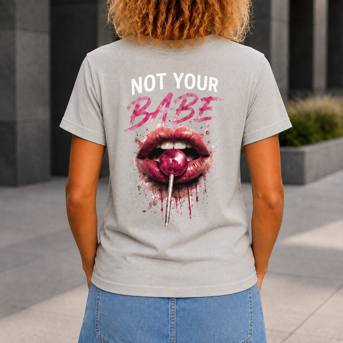 Not Your Babe Women’s tee in Grey Marble, back view