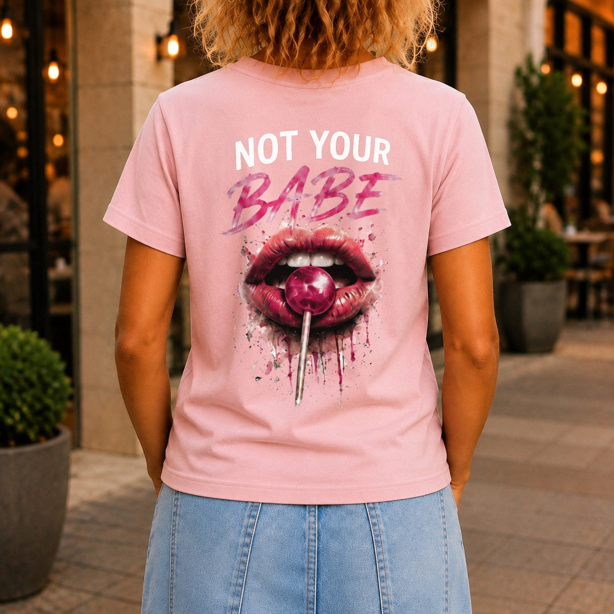 Not Your Babe Women’s tee in Pink, back view