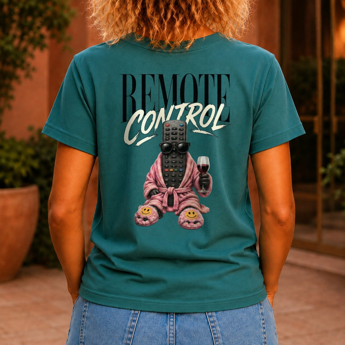 Remote Control graphic printed on the back of a jade KRED Threads premium tee