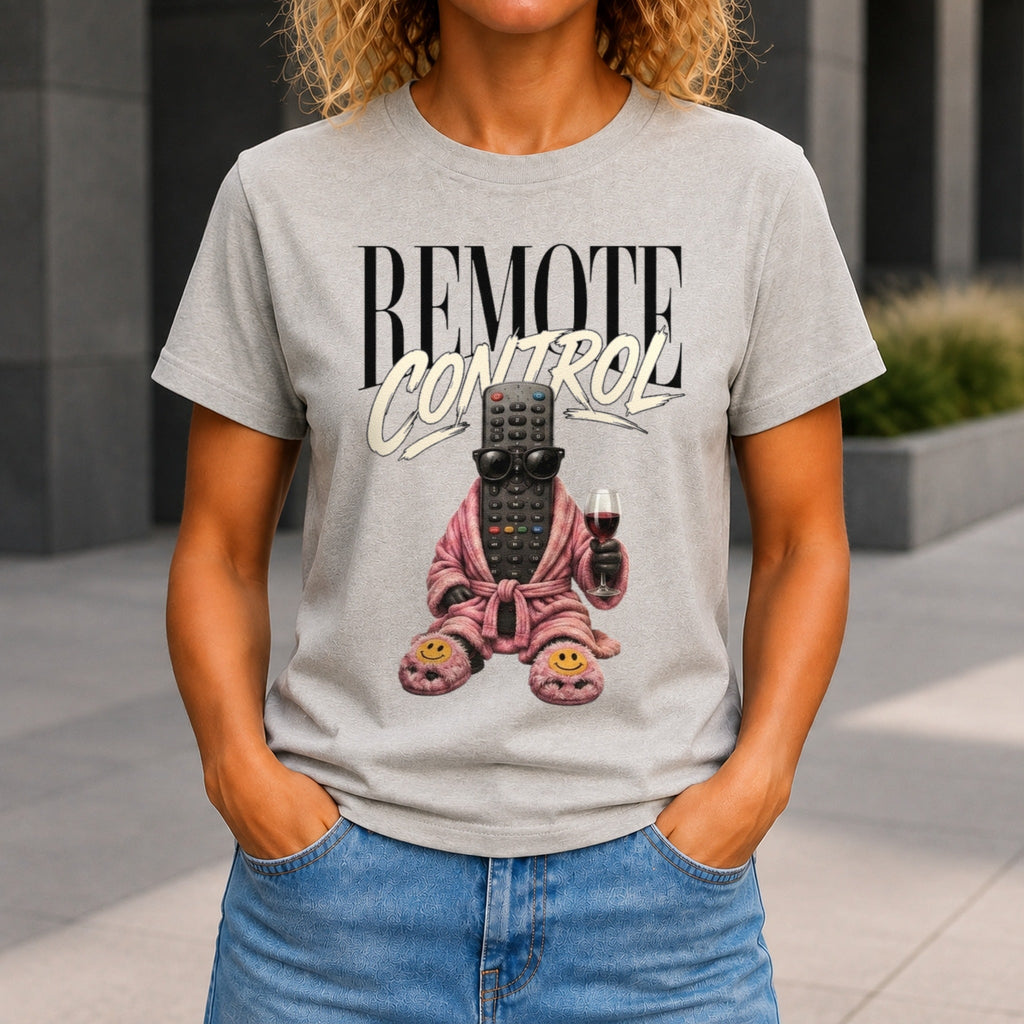 Remote Control graphic printed on the front of a grey marble KRED Threads premium tee